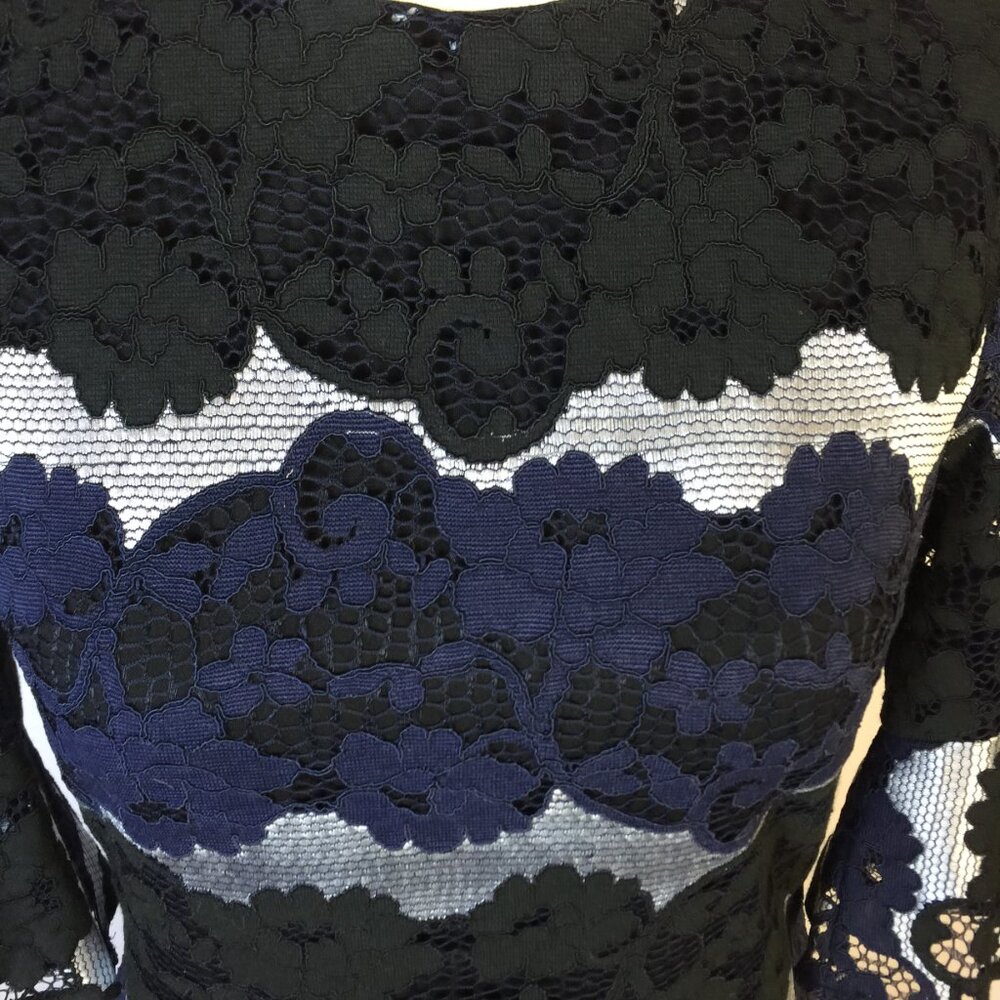 New! Stage of Playlord Dress Sz 1 US 6/S Womans Navy Black Lace 3/4 Bell Sleeve - Picture 14 of 14